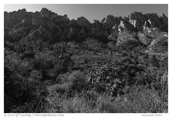 Organ Mountains above Aguirre Springs. Organ Mountains Desert Peaks National Monument, New Mexico, USA (black and white)