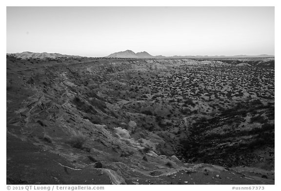 Kilbourne Hole and Cox Peaks at sunrise. Organ Mountains Desert Peaks National Monument, New Mexico, USA (black and white)