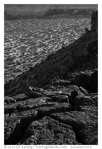 Basalt rocks and Kilbourne Hole. Organ Mountains Desert Peaks National Monument, New Mexico, USA (black and white)