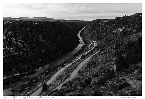 Rio Grande Gorge and road switchbacks. Rio Grande Del Norte National Monument, New Mexico, USA (black and white)