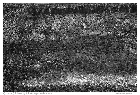 Rio Grande Gorge walls with dusting of snow. Rio Grande Del Norte National Monument, New Mexico, USA (black and white)