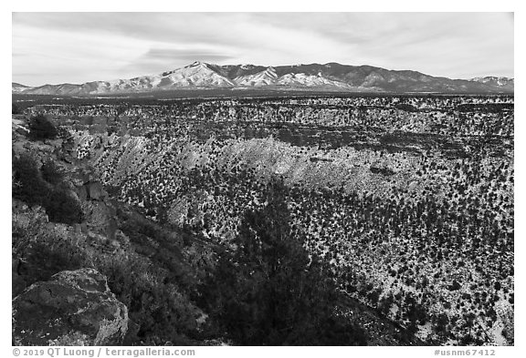 Red River Gorge and Sangre De Cristo Mountains in winter. Rio Grande Del Norte National Monument, New Mexico, USA (black and white)