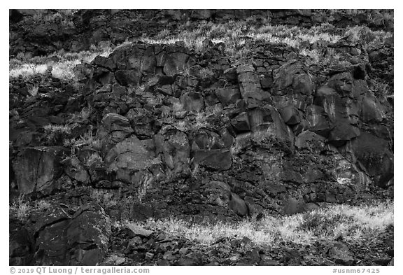 Volcanic rocks and cliffs near La Vista Verde. Rio Grande Del Norte National Monument, New Mexico, USA (black and white)