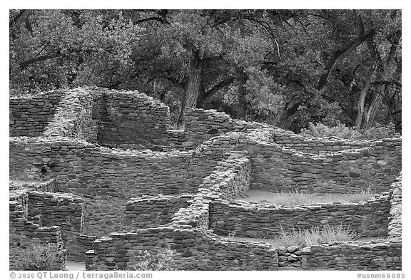 Masonery ruin walls. Aztek Ruins National Monument, New Mexico, USA (black and white)