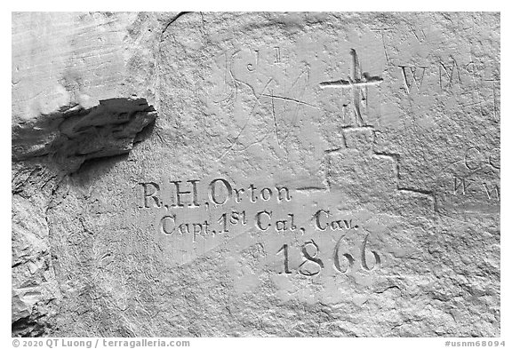 Anglo-American soldier inscription from 1866. El Morro National Monument, New Mexico, USA (black and white)