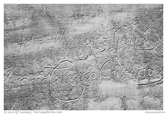 Cursive spanish inscription. El Morro National Monument, New Mexico, USA (black and white)
