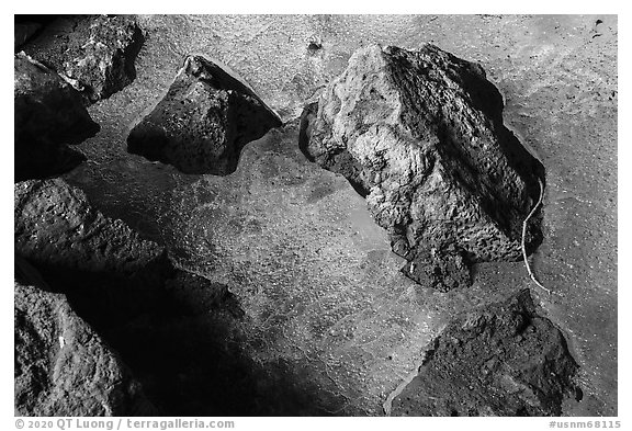 Detail of ice and rocks, Bandera Ice Cave. El Malpais National Monument, New Mexico, USA (black and white)