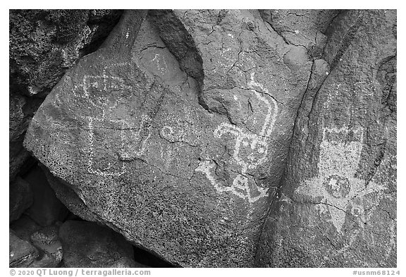 Petroglyphs including a star person, Petroglyph National Monument. New Mexico, USA (black and white)