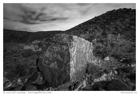 Large rock covered with petroglyphs on both sides, Petroglyph National Monument. New Mexico, USA