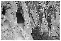 Caves in volcanic tuff rock. Bandelier National Monument, New Mexico, USA ( black and white)