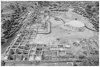 Aerial View of Puebloan-built ruins and reconstructed Great Kiva. Aztek Ruins National Monument, New Mexico, USA ( black and white)