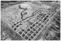 Aerial View of West Ruin and restored Great Kiva. Aztek Ruins National Monument, New Mexico, USA ( black and white)