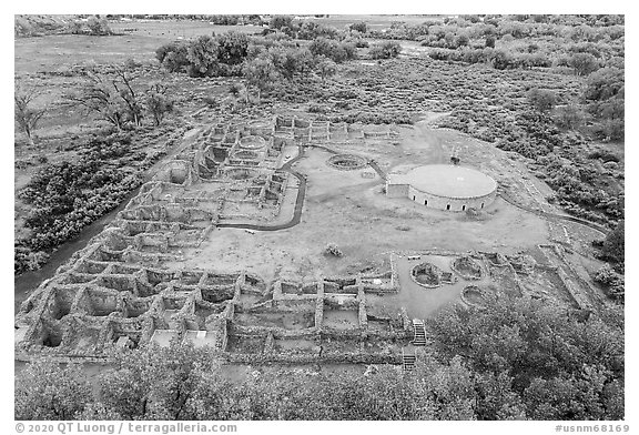 Aerial View in autumn. Aztek Ruins National Monument, New Mexico, USA (black and white)