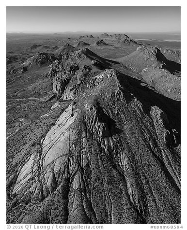 Aerial view of Dona Ana peaks of monzonite porphyry. Organ Mountains Desert Peaks National Monument, New Mexico, USA (black and white)