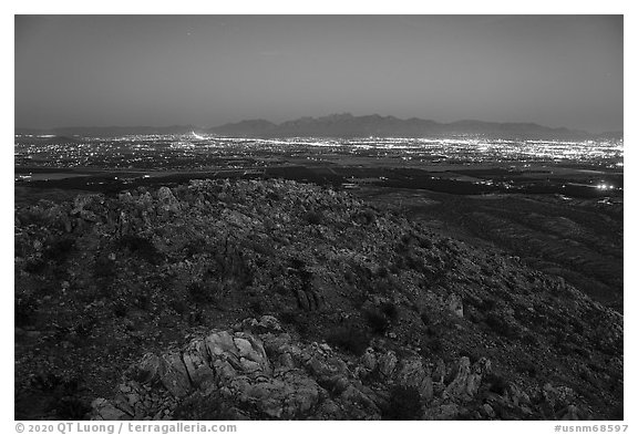 Las Cruces and Organ Mountains at night from Picacho Mountain. Organ Mountains Desert Peaks National Monument, New Mexico, USA