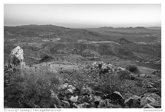 Robledo Mountain and Dona Anna Peak from Picacho Mountain. Organ Mountains Desert Peaks National Monument, New Mexico, USA (black and white)