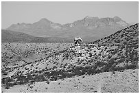 Rock pinnacle and Dona Ana Peak from below Picacho Mountain. Organ Mountains Desert Peaks National Monument, New Mexico, USA ( black and white)