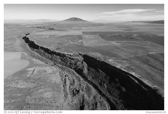 Aerial view of Rio Grande Gorge and Ute Mountain. Rio Grande Del Norte National Monument, New Mexico, USA (black and white)