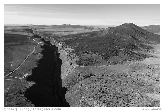 Aerial view of Rio Grande Gorge and Cerro Chiflo. Rio Grande Del Norte National Monument, New Mexico, USA (black and white)