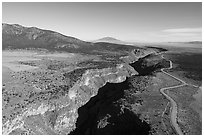 Aerial view of Rio Grande Gorge and road. Rio Grande Del Norte National Monument, New Mexico, USA ( black and white)
