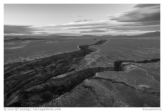 Aerial view of convergence of Rio Grande Gorge and Rio Pueblo de Taos. Rio Grande Del Norte National Monument, New Mexico, USA (black and white)