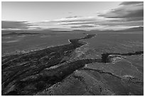 Aerial view of convergence of Rio Grande Gorge and Rio Pueblo de Taos. Rio Grande Del Norte National Monument, New Mexico, USA ( black and white)