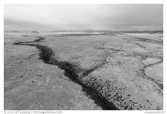 Aerial view of San Antonio Rio and Pinabetal Mesa. Rio Grande Del Norte National Monument, New Mexico, USA (black and white)