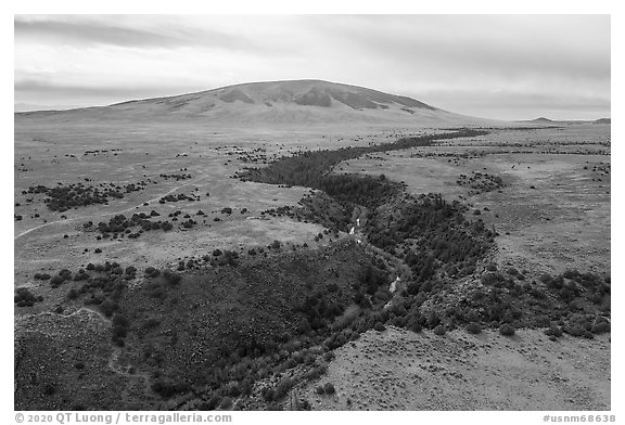 Aerial view of Rio San Antonio and San Antonio Mountain. Rio Grande Del Norte National Monument, New Mexico, USA (black and white)