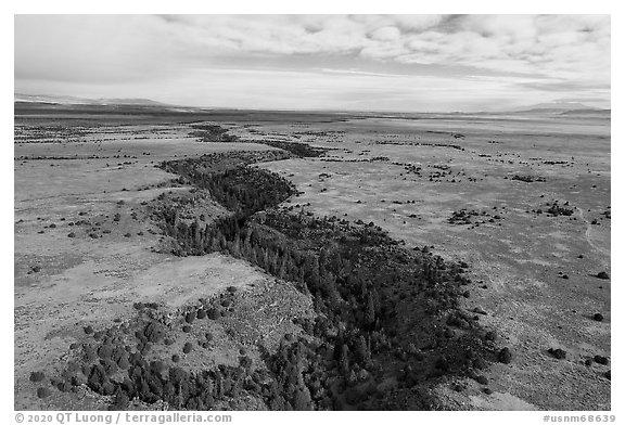 Aerial view of Rio San Antonio Gorge. Rio Grande Del Norte National Monument, New Mexico, USA (black and white)