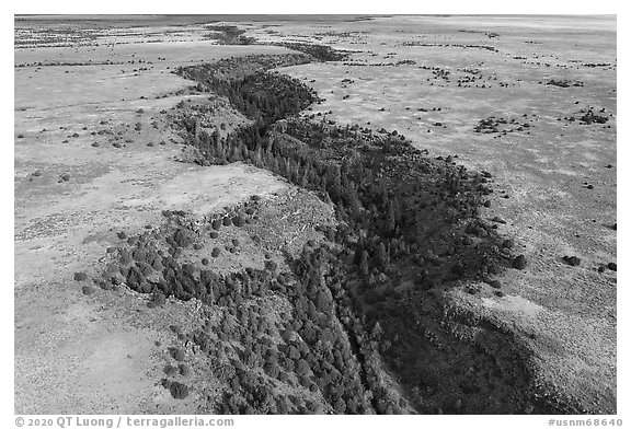 Aerial view of Gorge of Rio San Antonio. Rio Grande Del Norte National Monument, New Mexico, USA (black and white)