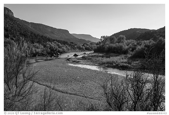 Rio Grande River with gravel bar and fall foliage, Orilla Verde. Rio Grande Del Norte National Monument, New Mexico, USA (black and white)