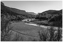 Rio Grande River with gravel bar and fall foliage, Orilla Verde. Rio Grande Del Norte National Monument, New Mexico, USA ( black and white)