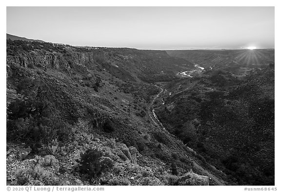 Sun setting over Orilla Verde from Taos Valley Overlook. Rio Grande Del Norte National Monument, New Mexico, USA (black and white)