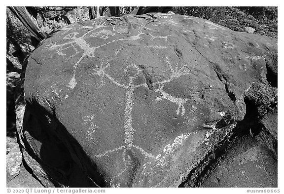 Large human figure petroglyphs on top of bouder, Big Arsenic. Rio Grande Del Norte National Monument, New Mexico, USA (black and white)