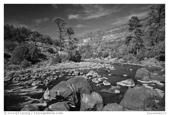 Rio Grande flowing between boulders near Big Arsenic Spring. Rio Grande Del Norte National Monument, New Mexico, USA (black and white)