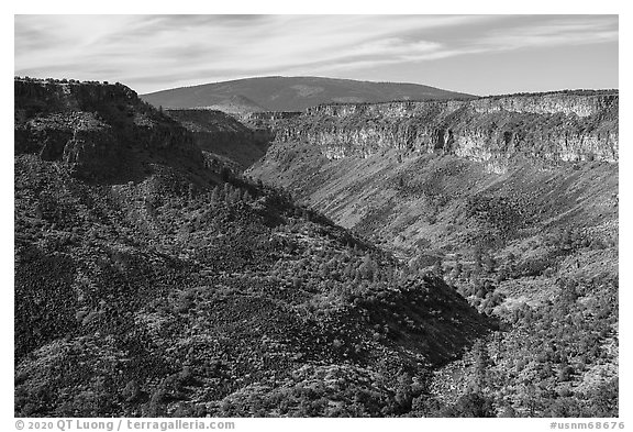 Gorge, cliffs, and shield volcano. Rio Grande Del Norte National Monument, New Mexico, USA (black and white)