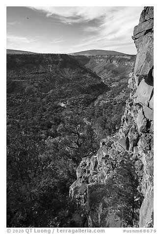 Volcanic cliff, Upper River Gorge and Ute Mountain. Rio Grande Del Norte National Monument, New Mexico, USA (black and white)