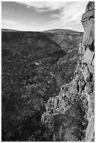 Volcanic cliff, Upper River Gorge and Ute Mountain. Rio Grande Del Norte National Monument, New Mexico, USA ( black and white)