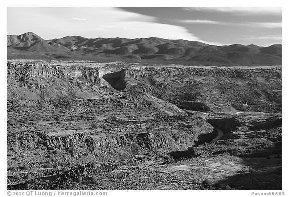 Gorge and Picuris Peak. Rio Grande Del Norte National Monument, New Mexico, USA (black and white)