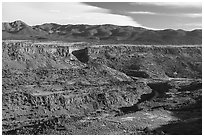 Gorge and Picuris Peak. Rio Grande Del Norte National Monument, New Mexico, USA ( black and white)