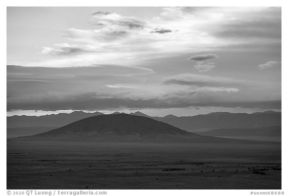 Ute Mountain, Taos Plateau, and Sangre de Cristo Mountains. Rio Grande Del Norte National Monument, New Mexico, USA (black and white)