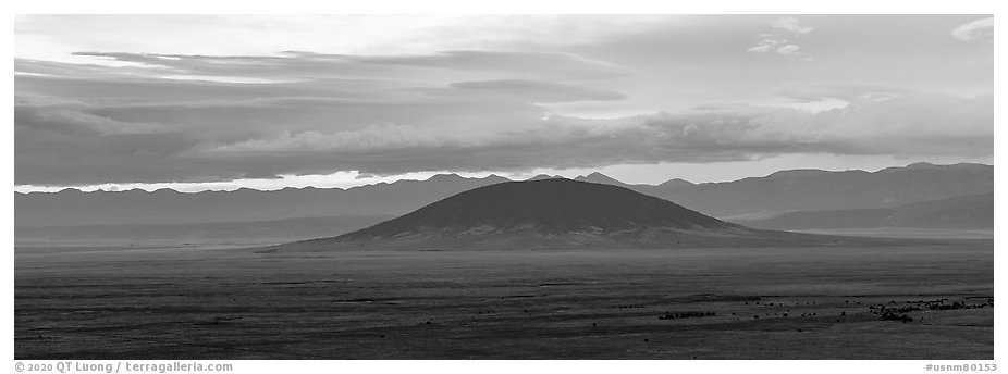 Ute Mountain, Taos Plateau, and Sangre de Cristo Mountains with rain clouds. Rio Grande Del Norte National Monument, New Mexico, USA (black and white)