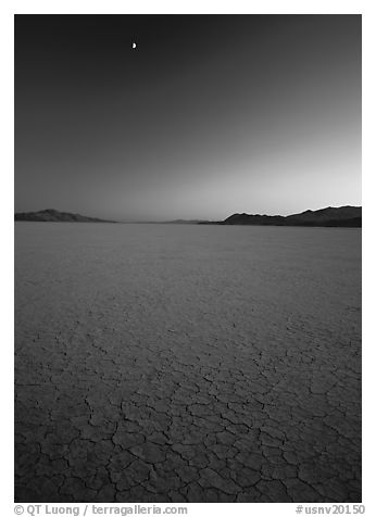 Playa and moon, sunset, Black Rock Desert. Nevada, USA (black and white)