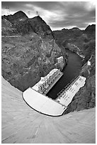 Power plant and Black Canyon seen from top of dam. Hoover Dam, Nevada and Arizona (black and white)