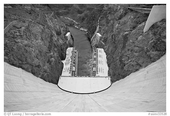 View from above of wall and power plant. Hoover Dam, Nevada and Arizona (black and white)