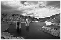 Reservoir and intake towers. Hoover Dam, Nevada and Arizona (black and white)