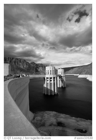 Dam and intake towers. Hoover Dam, Nevada and Arizona (black and white)