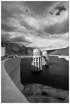 Dam and intake towers. Hoover Dam, Nevada and Arizona (black and white)