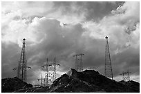 High-voltate transmission lines and clouds. Hoover Dam, Nevada and Arizona ( black and white)