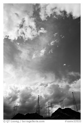 Power lines and clouds. Hoover Dam, Nevada and Arizona (black and white)
